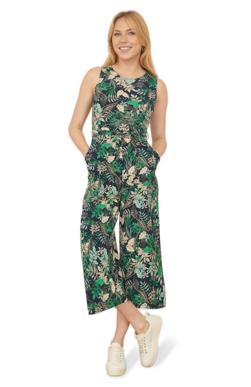 Women's Sleeveless Leaf Print Culotte Jumpsuit