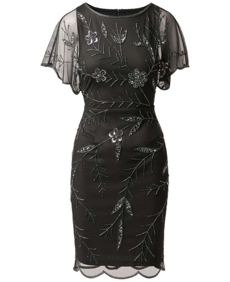 Women's Sheer-Flutter-Sleeve Floral-Print Beaded Dress