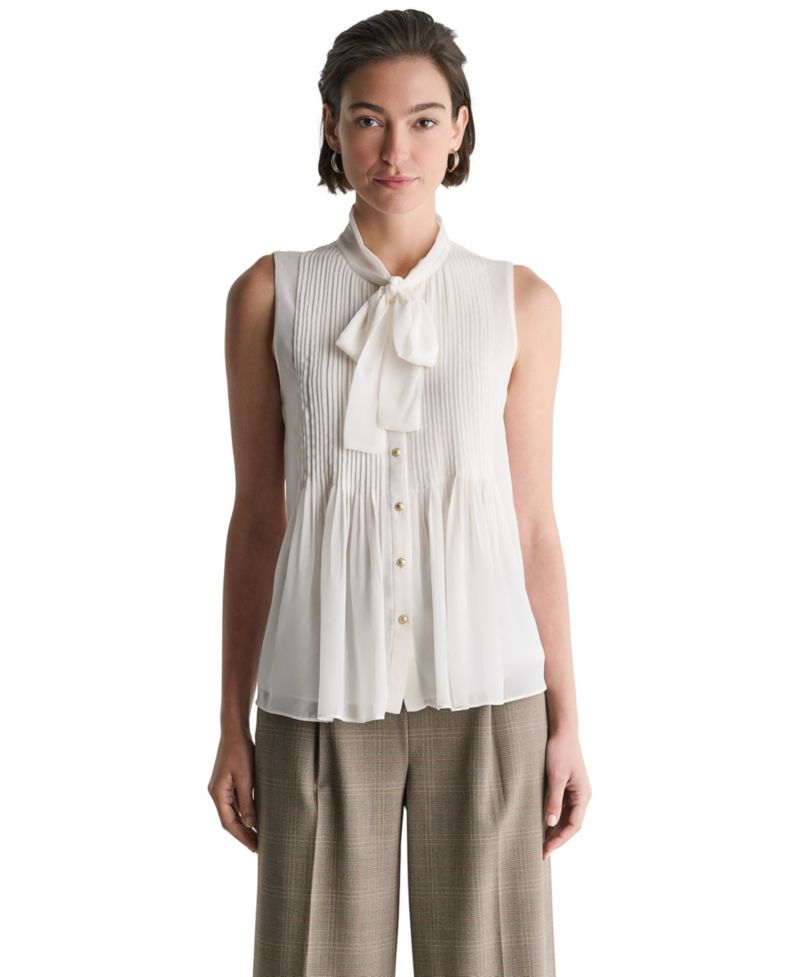 Women's Sleeveless Tie-Neck Button-Front Blouse