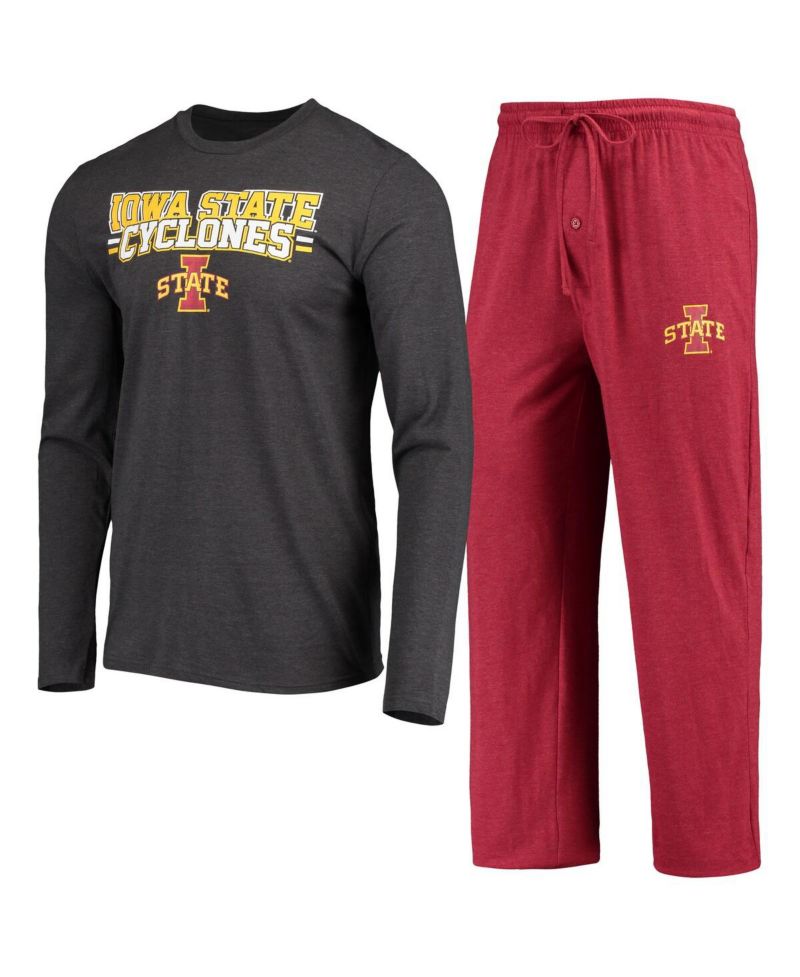 Men's Cardinal, Heathered Charcoal Distressed Iowa State Cyclones Meter Long Sleeve T-shirt and Pants Sleep Set