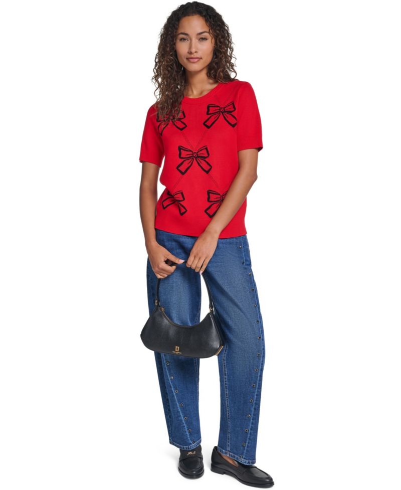 Women's Argyle 3D Bow Short-Sleeve Pullover Sweater