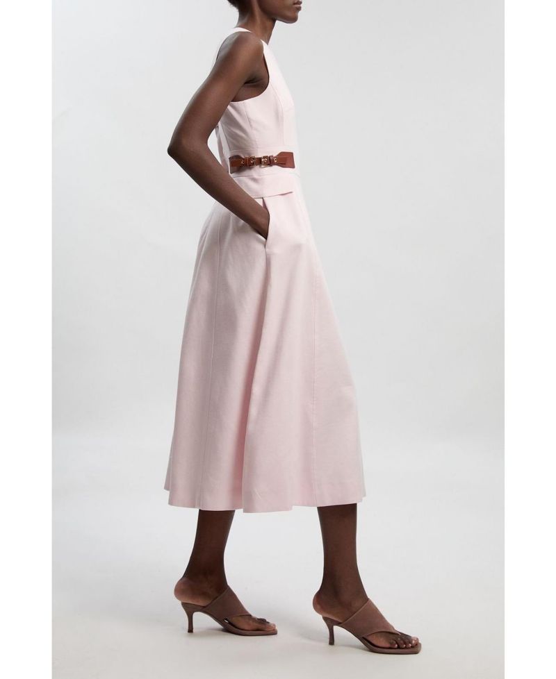 Women's Fitted Belt Crew Neck Midi Dress