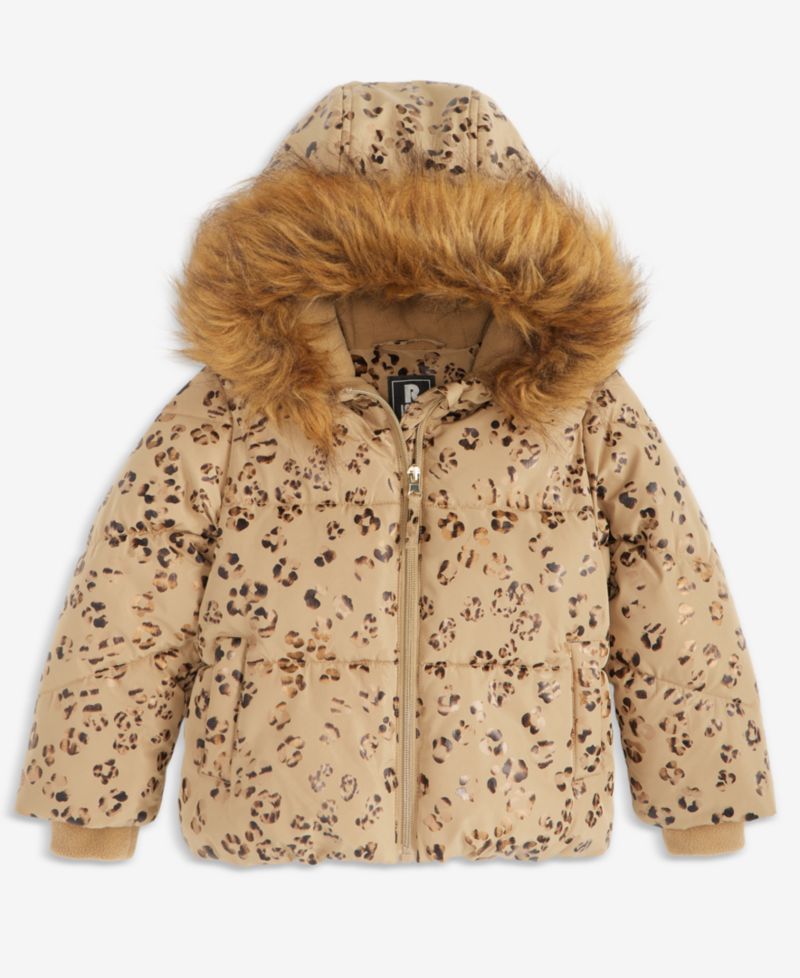 Toddler Girls' 2T-6X Leopard Foil Puffer Coat With Faux-Fur Trim