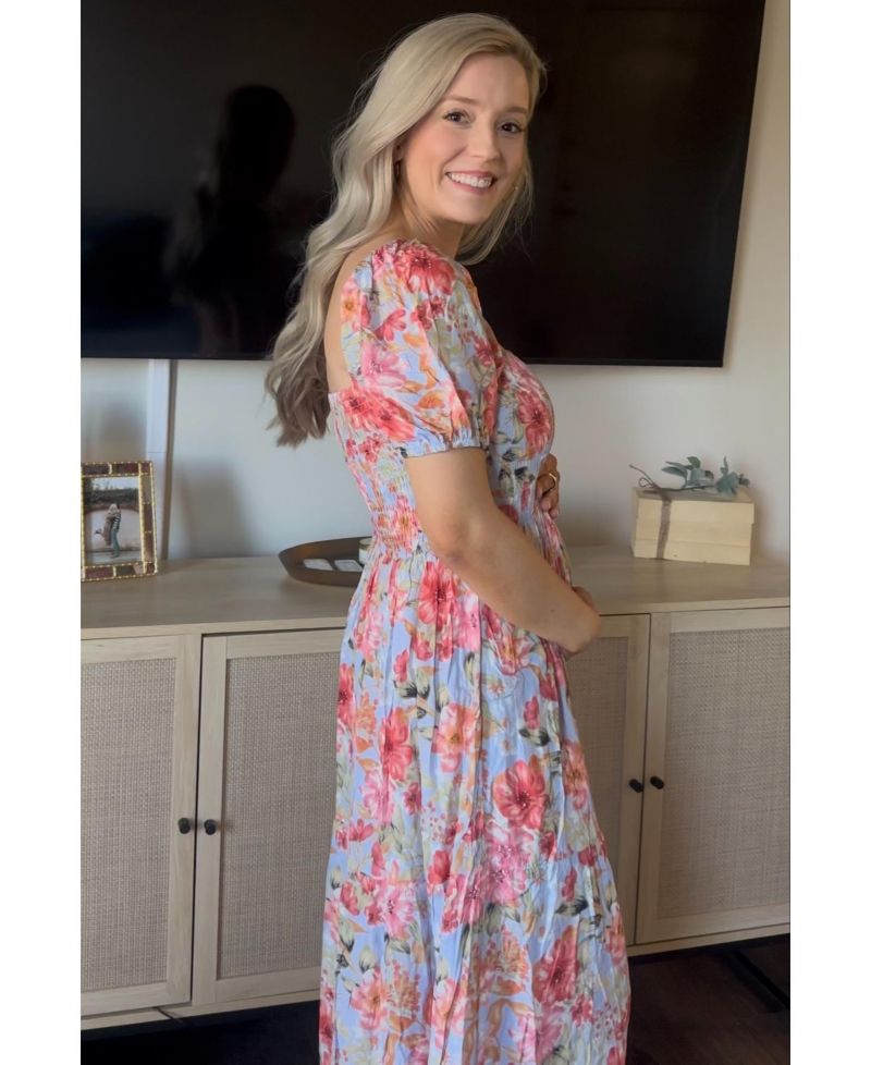 Women's Blue Floral Smocked Square Neck Tiered Maxi Dress