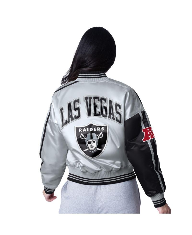 Women's Black/Silver Las Vegas Raiders Zone Blitz Cropped Full-Snap Satin Jacket