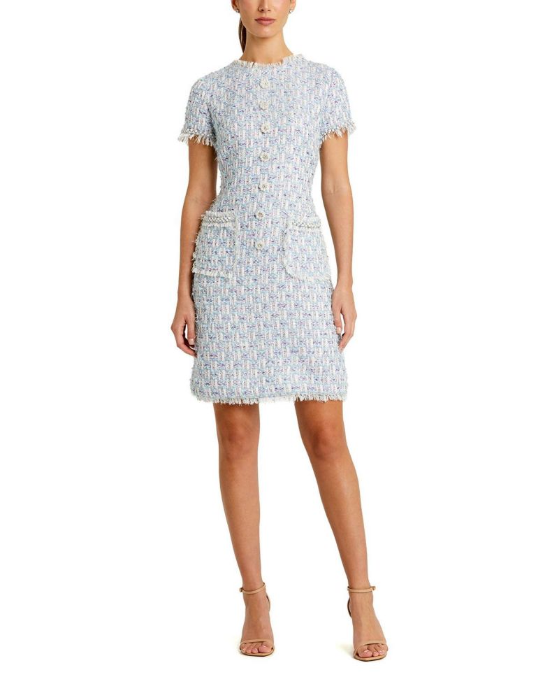 Women's Floral Buttons and Pearl Detailing Boucle Shift Dress