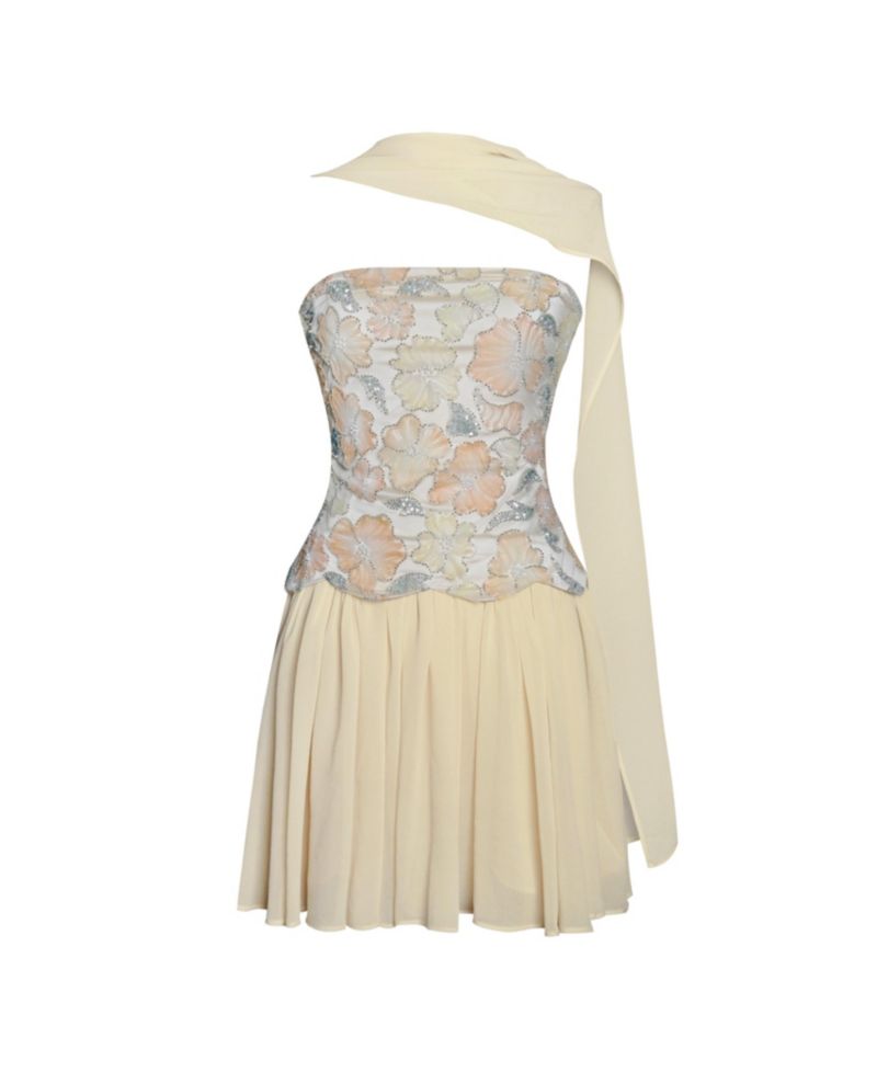Women's Quanisha Yellow Beaded Floral Mini Chiffon Dress with Scarf