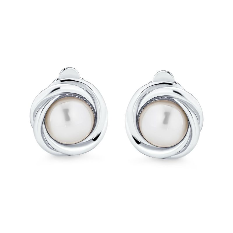 Classic Faux White Pearl Clip On Earrings Cable Bezel Set Gold Plated