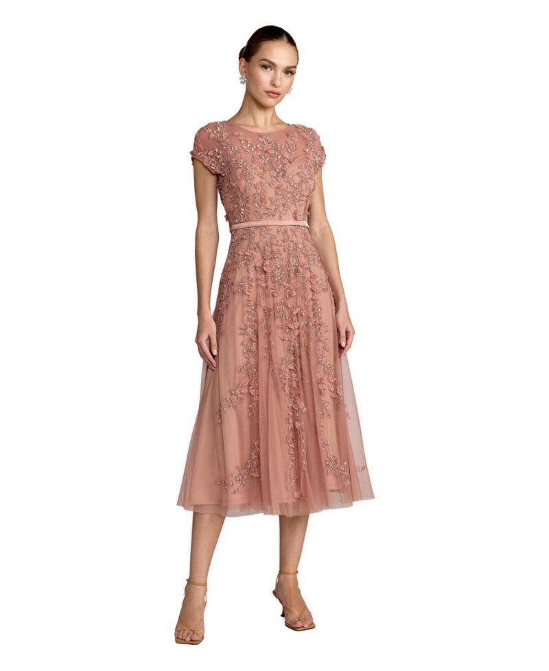 Women's Floral Embellished Cap Sleeve Midi Dress