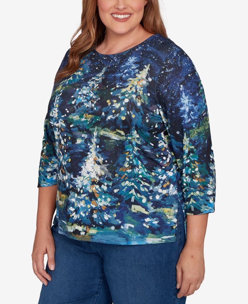 Plus Size Christmas Tree Crewneck 3/4-Sleeve Top