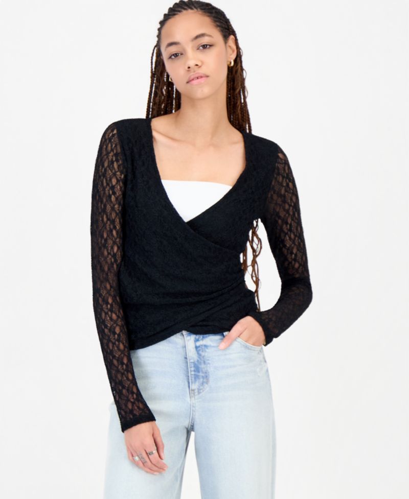 Juniors' Lace Surplice Wrap Long-Sleeve Top