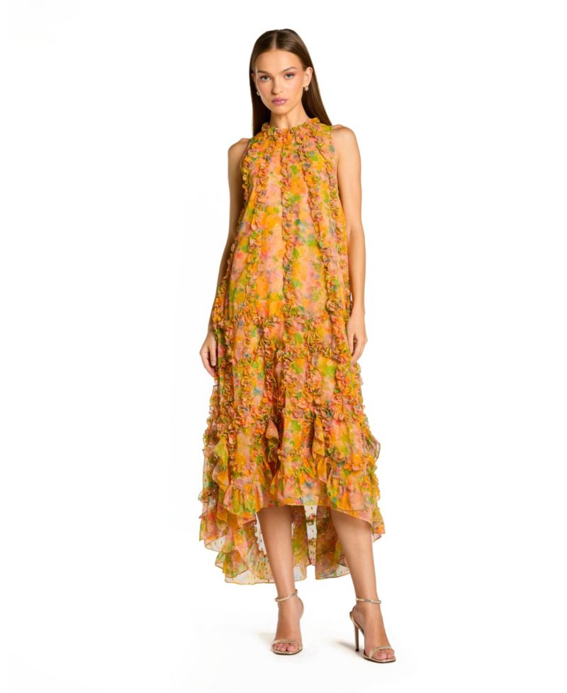 Women's Floral Applique Tiered Ruffle High-Low Midi Dress