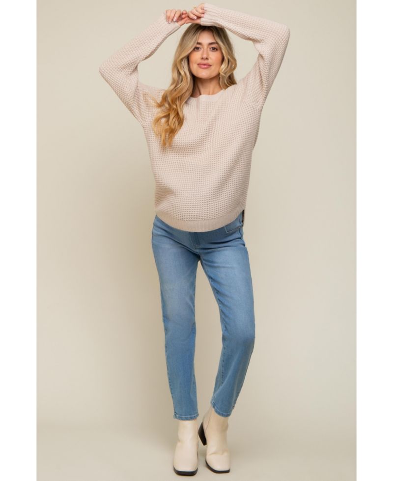 Women's Beige Waffle Knit Round Hem Sweater