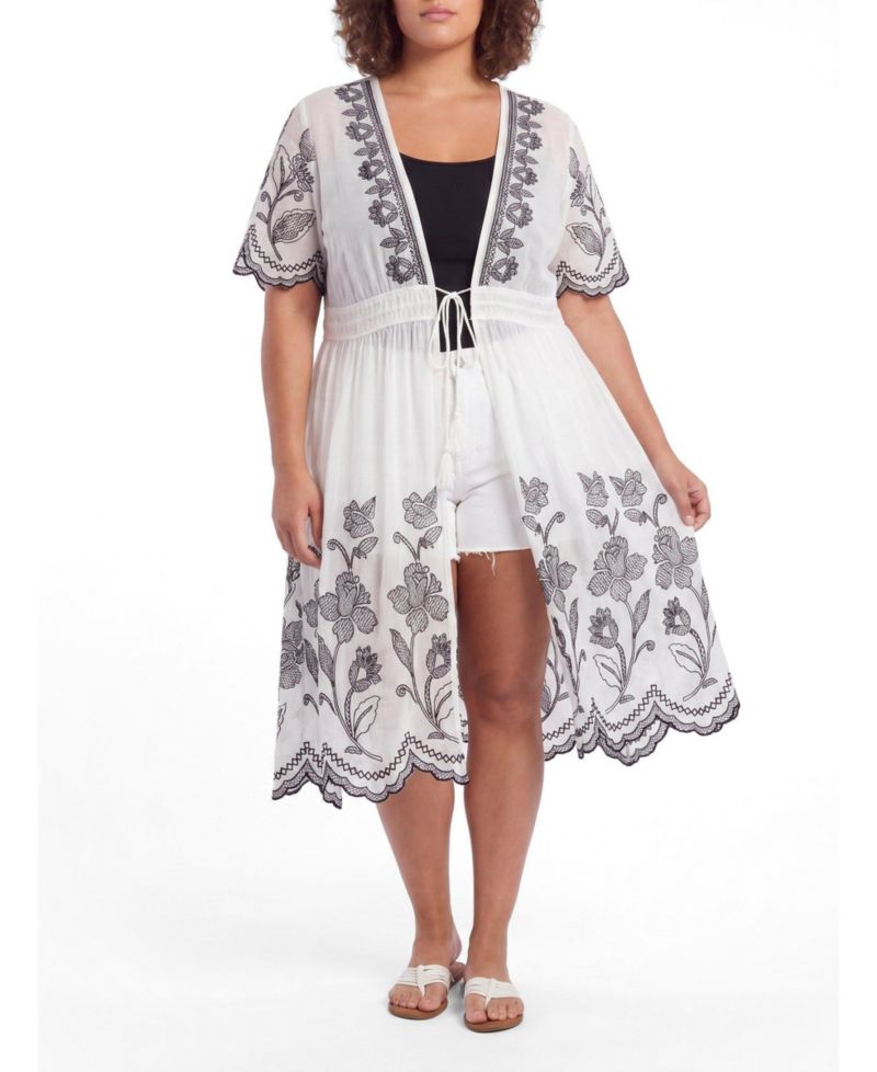 Plus Size Floral Embroidered Maxi Kimono