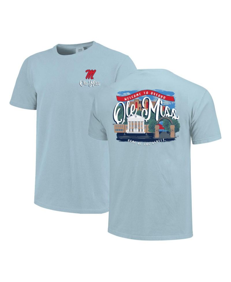 Women's Blue Ole Miss Rebels Comfort Colors Campus Scene Drawing Script T-Shirt