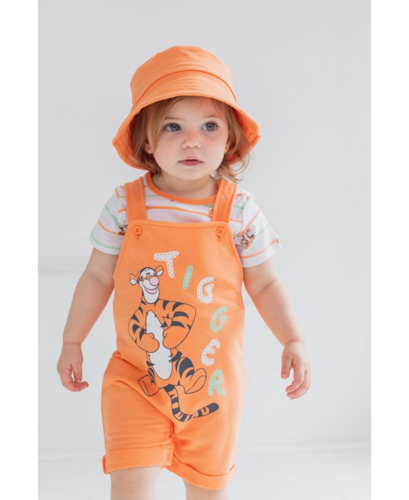 Baby Boys Tigger French Terry Short Overalls T-Shirt and Hat 3 Piece Outfit Set