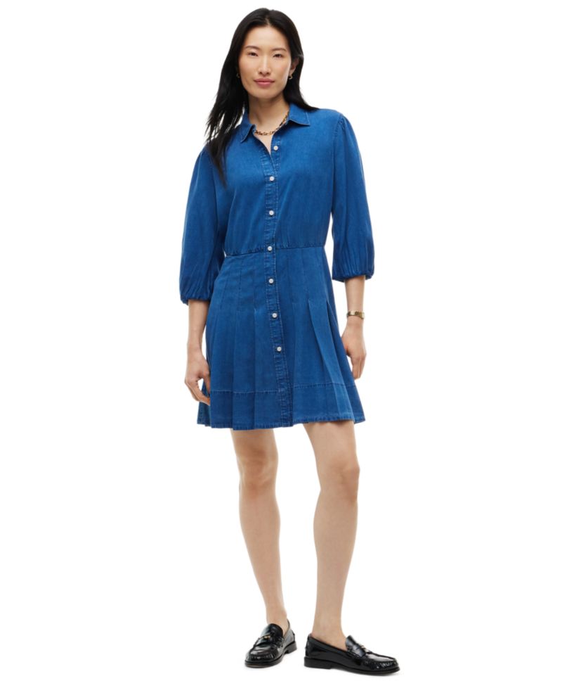 Women's Chambray Puff-Sleeve Polo Collar Dress