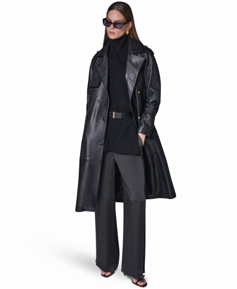 Women's Double Breasted Belted Leather Trench Coat