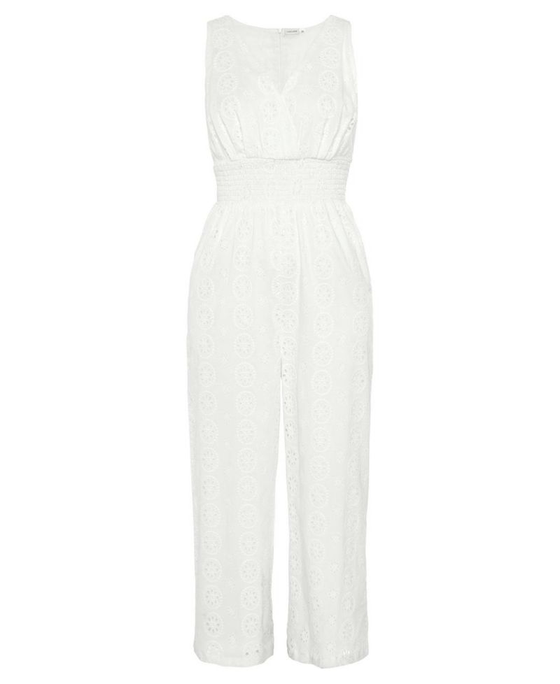 Women's Cotton Sleeveless Eyelet Smocked Jumpsuit