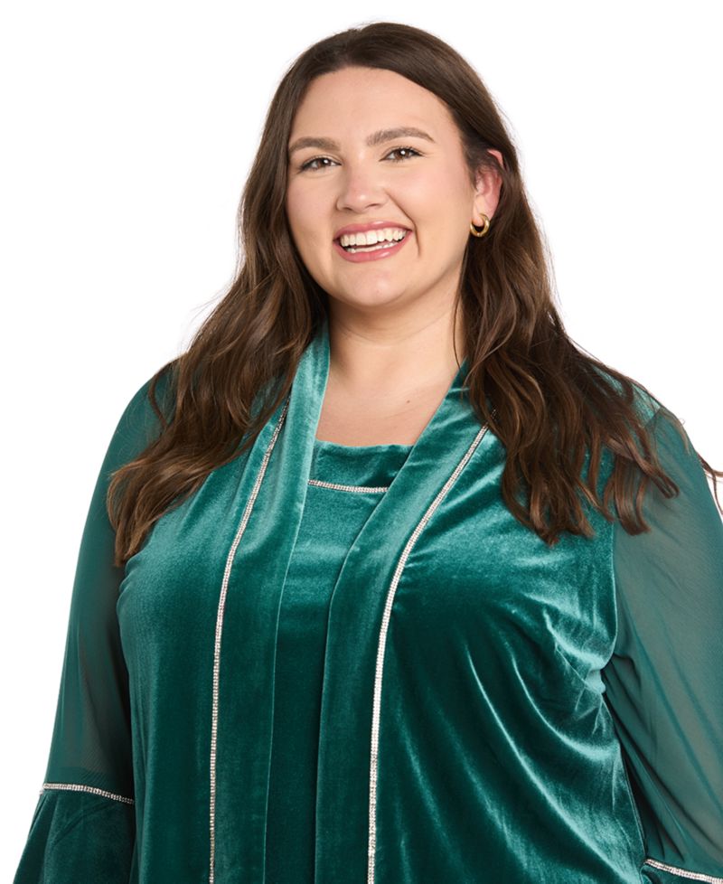 Plus Size Velvet Beaded Crewneck Dress and Jacket, 2-Piece Set