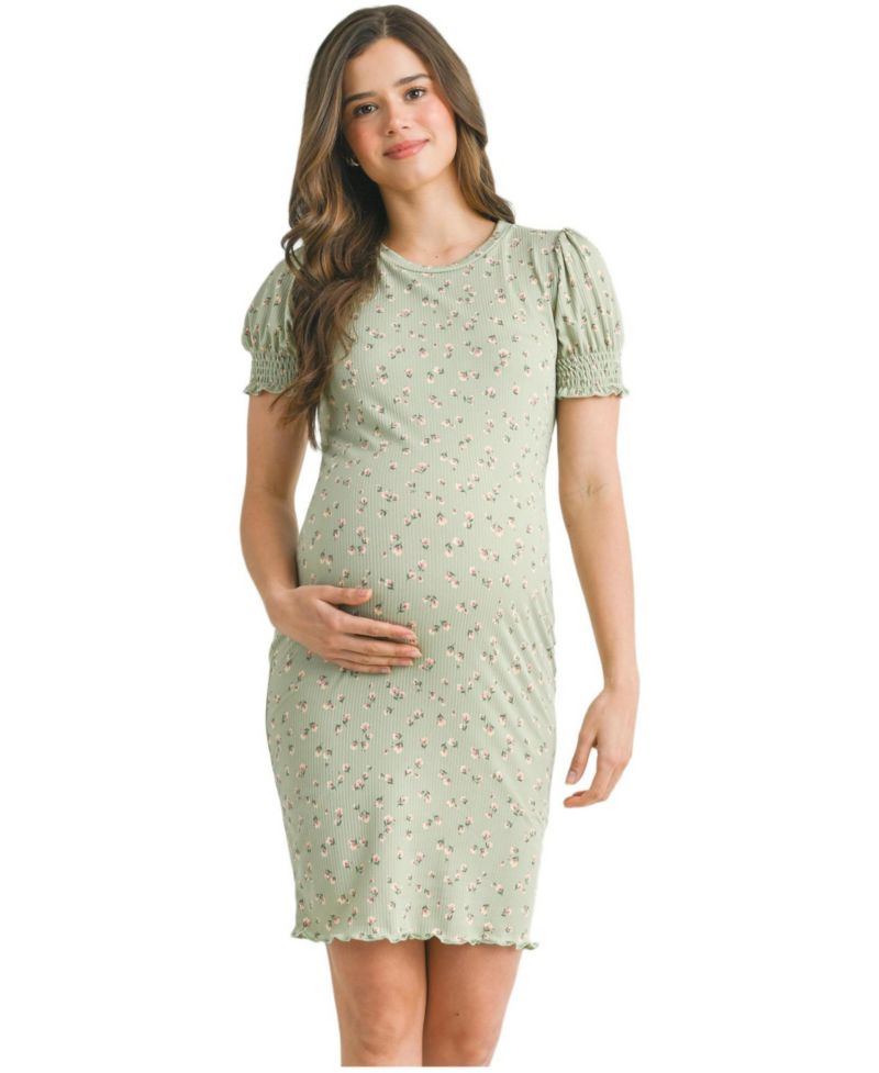 Women's Floral Ribbed Mini Dress with Short Puff Sleeves