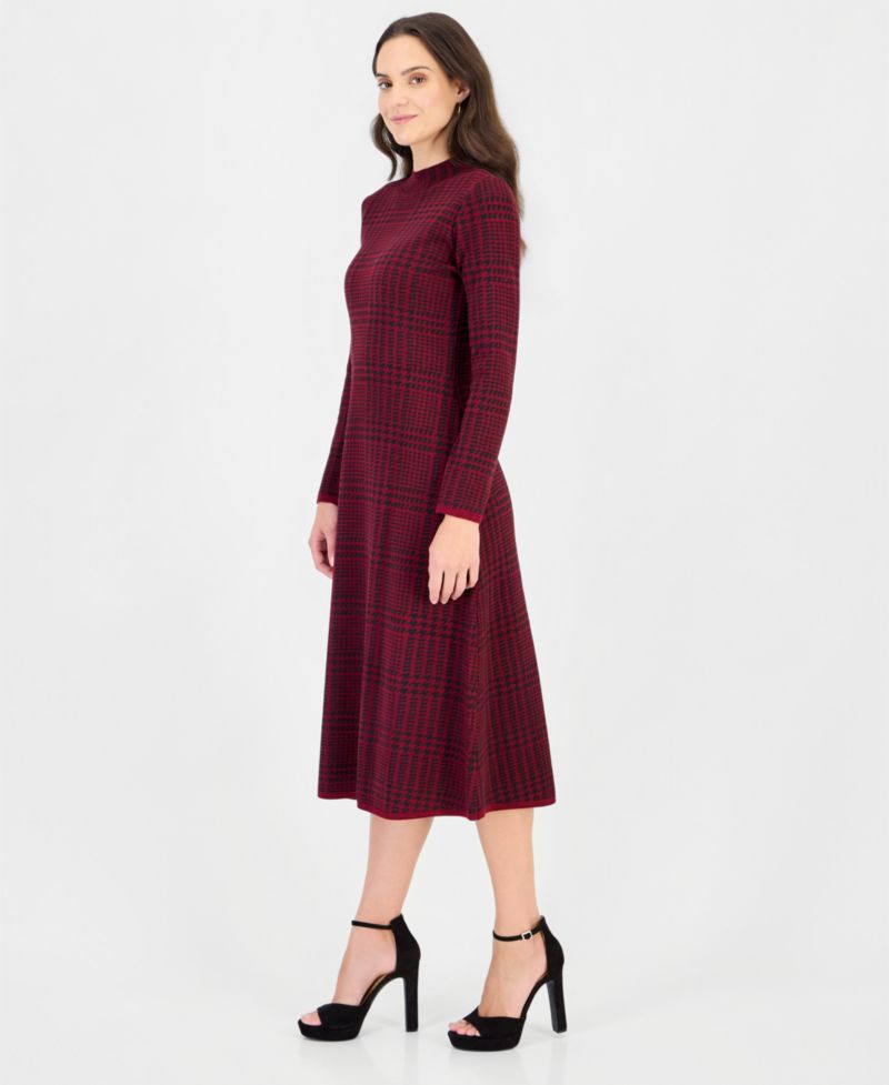 Women's Mock Neck Long-Sleeve Plaid Sweater Dress
