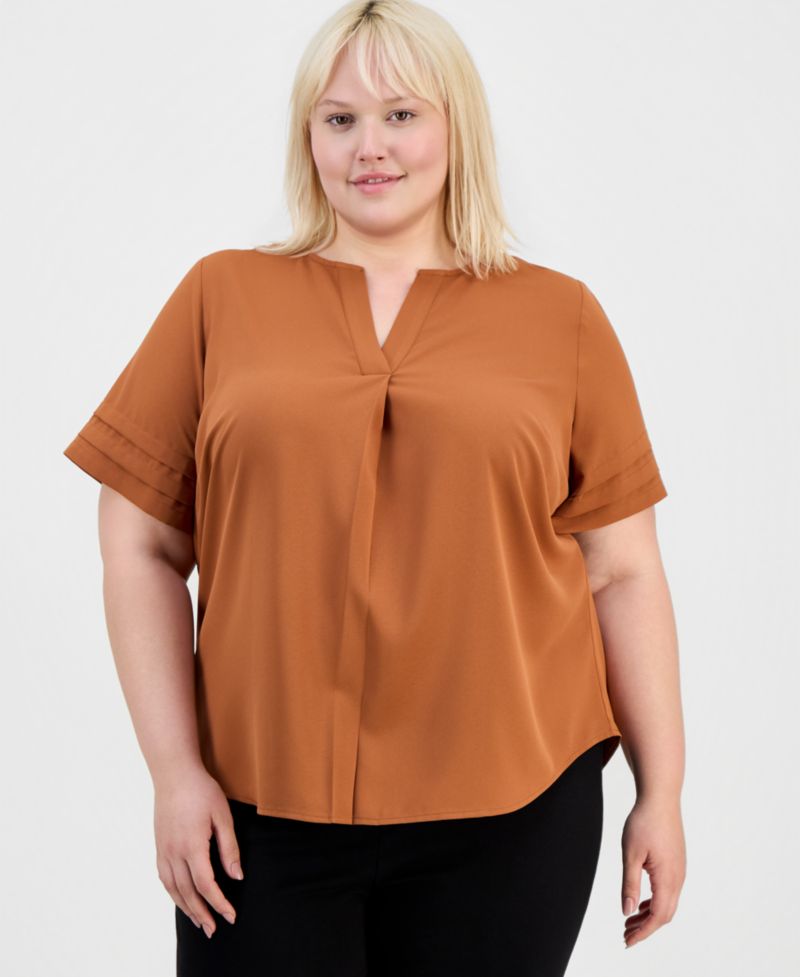 Petite Pleated-Sleeve Split-Neck Top