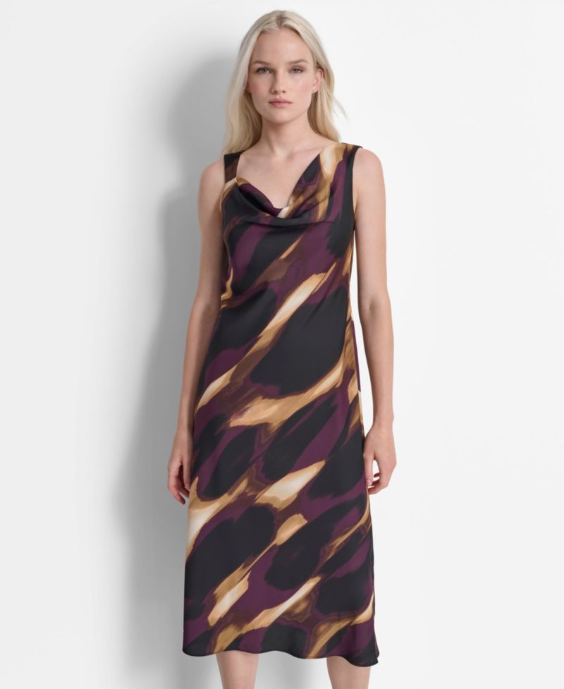 Women's Printed Cowl Neck Midi Dress
