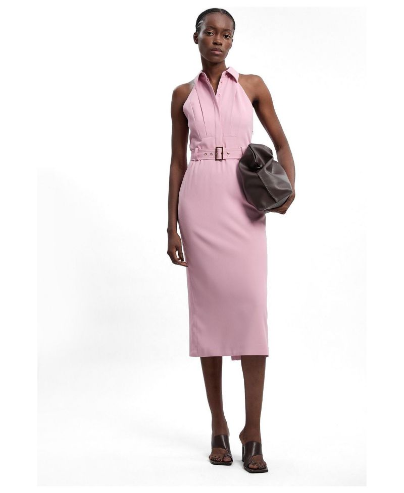 Women's Collard Halter Neck Belted Midi Dress