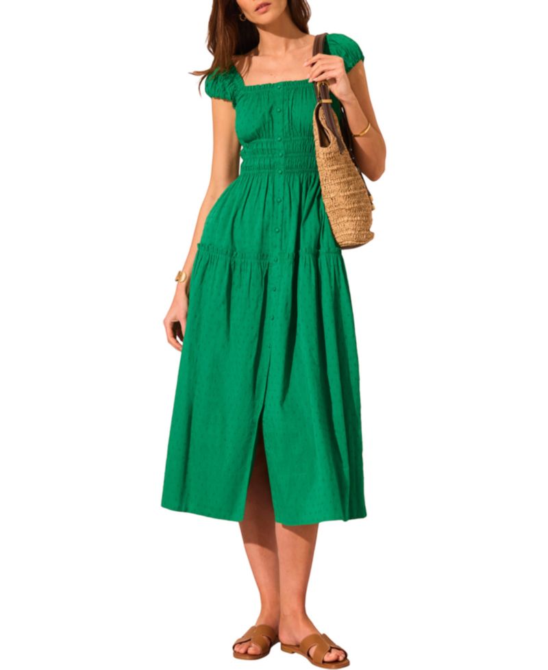Women's Short-Sleeve Scoop-Neck Smocked Midi Dress