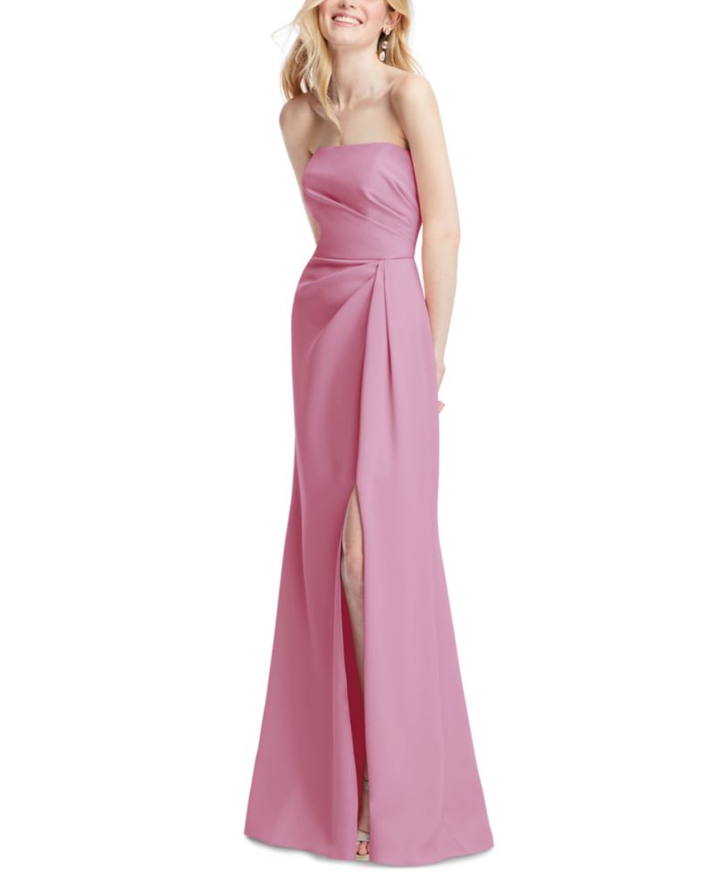 Plus Size Strapless Pleated Faux Wrap Trumpet Gown with Front Slit