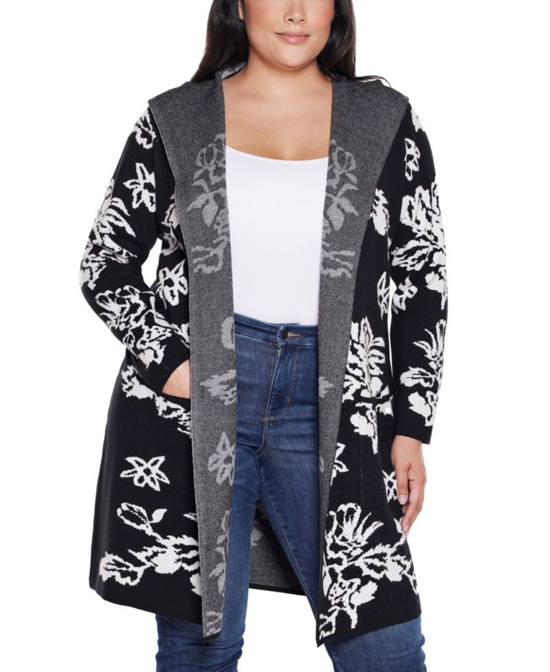 Plus Size Hooded Fall Botanicals Coatigan Sweater