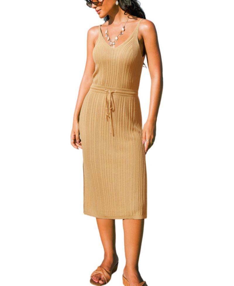 Women's Caramel Ribbed Knit Drawstring Waist Midi Dress