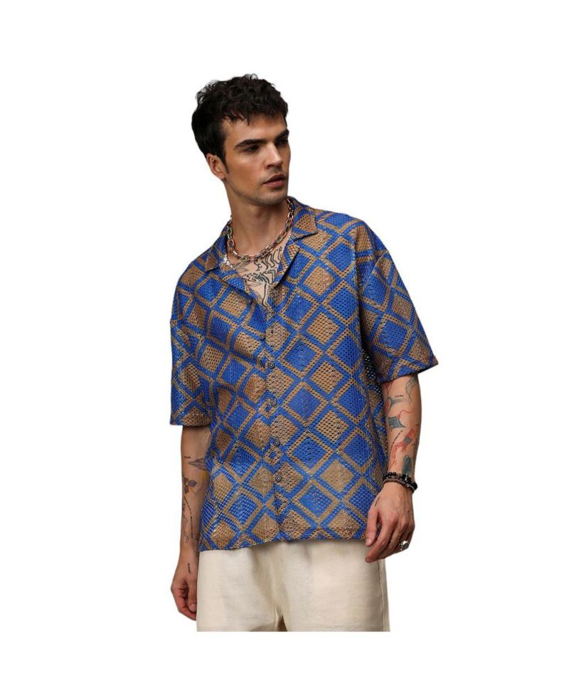 Men's Royal Blue & Mocha Brown Geometric Block Oversized Shirt