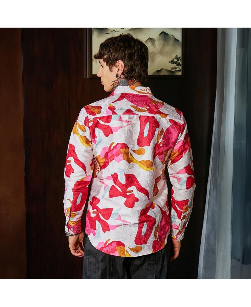 Men's Cream White & Scarlet Red Floral-Tactile Relaxed Shirt