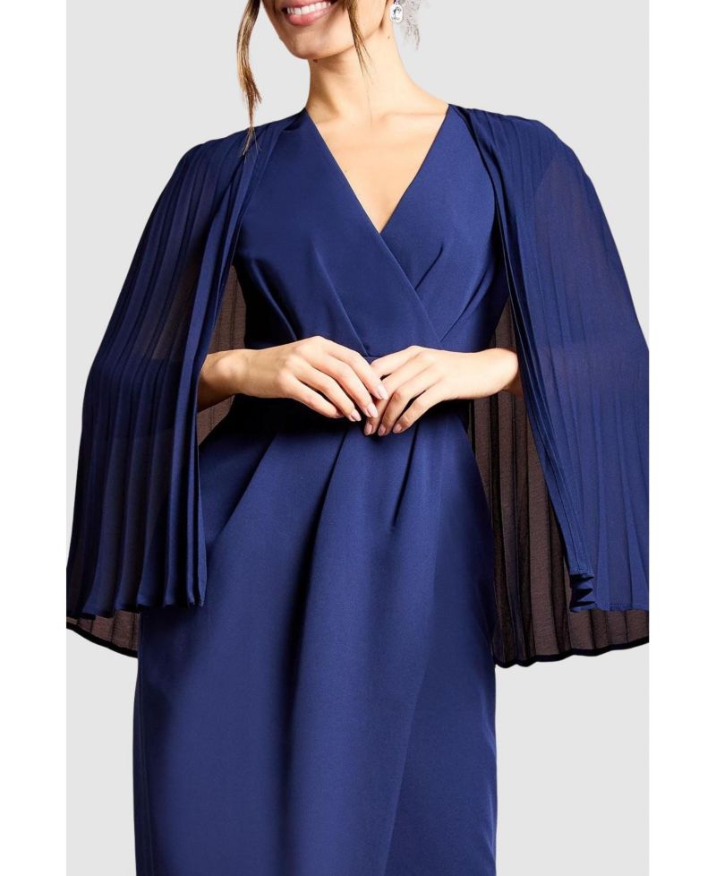 Women's Pleated Cape Detail Crepe Pencil Dress