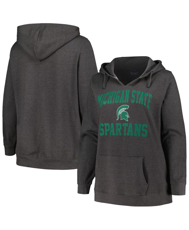 Women's Heather Charcoal Michigan State Spartans Plus Size Heart & Soul Notch Neck Pullover Hoodie