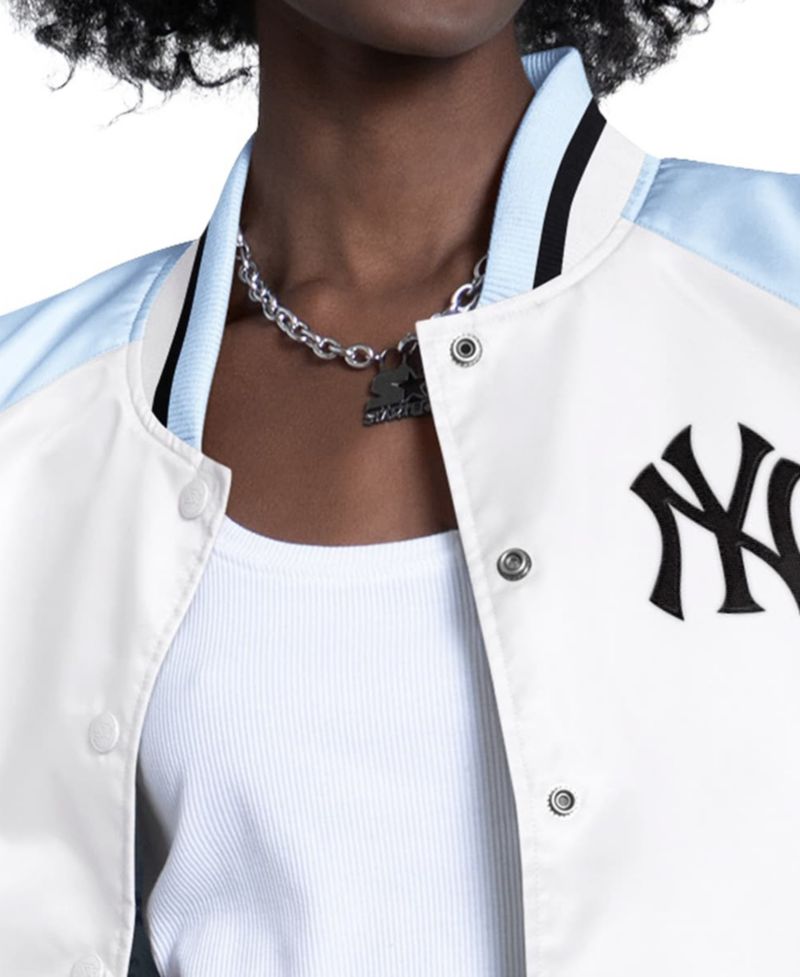Women's Light Blue/White New York Yankees Blitz Varsity Raglan Full-Snap Satin Jacket