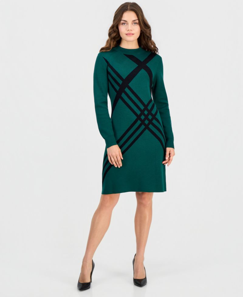 Petite Geometric Mock Neck Long-Sleeve Sweater Dress