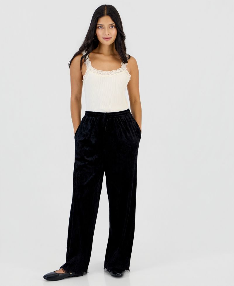 Petite Velvet Lace-Trim Wide-Leg High-Rise Pants