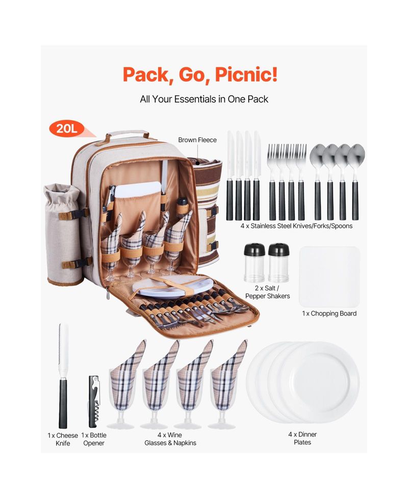 Picnic Backpack for 4 with Insulated Cooler, Blanket, Plates and Cutlery Set, 20 L