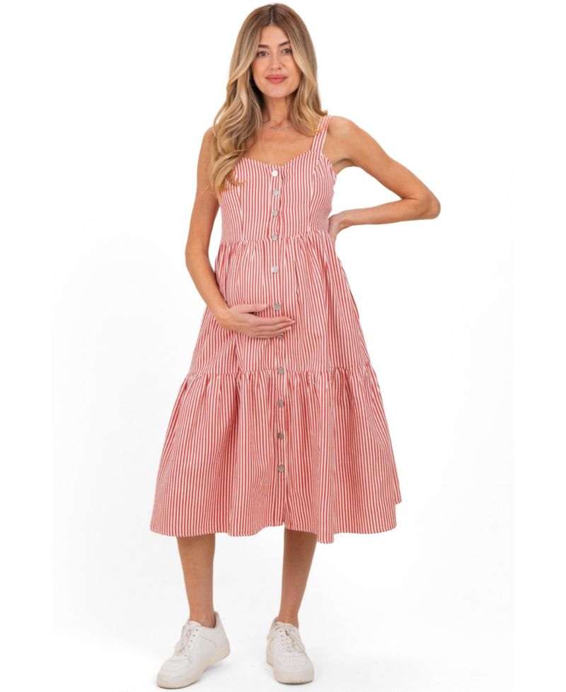 Women's Red Striped Tiered Overall Dress