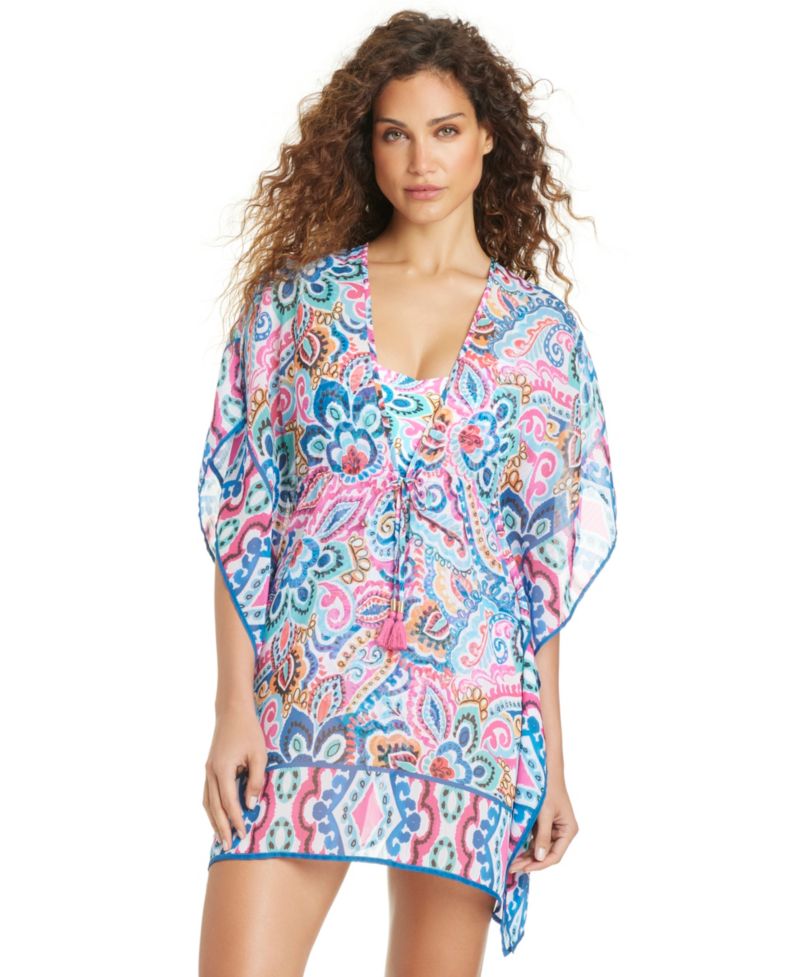 Women's Artistic Paisley Chiffon V-Neck Swim Cover-Up Caftan