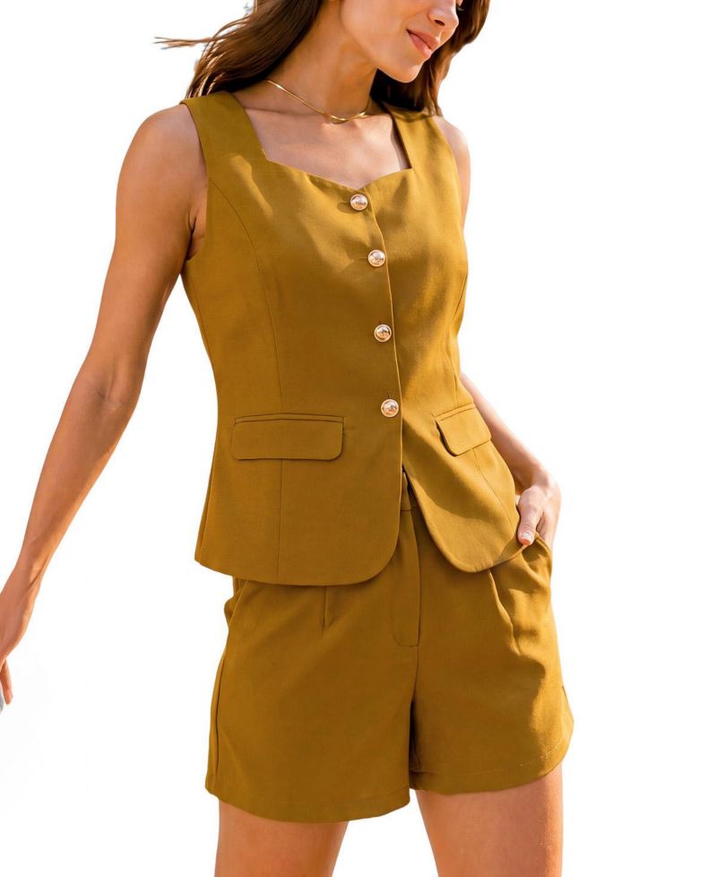 Women's Gentle Tailored Sleeveless Vest Short Co-Ord Square Neckline Vest and Shorts Set