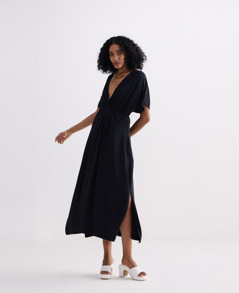 Women's Flowy A-Line Maxi Dress with Side Slits in Black