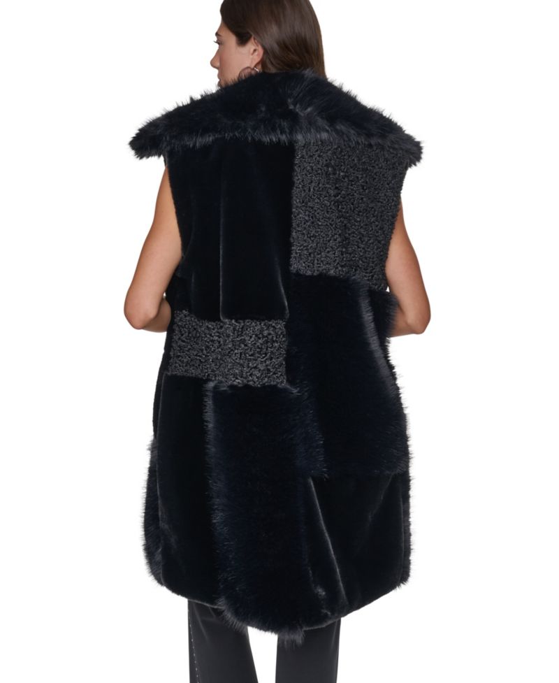 Women's Patch-Mix Mid-Length Collared Faux Fur Vest
