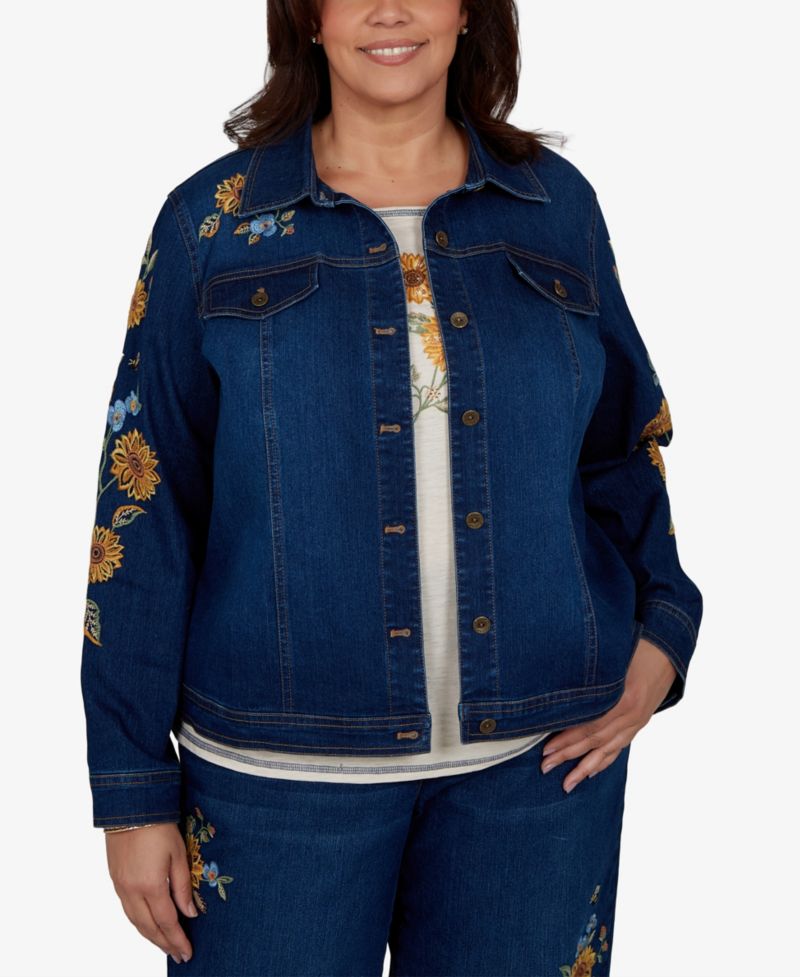 Plus Size Floral-Embroidered Denim Jacket