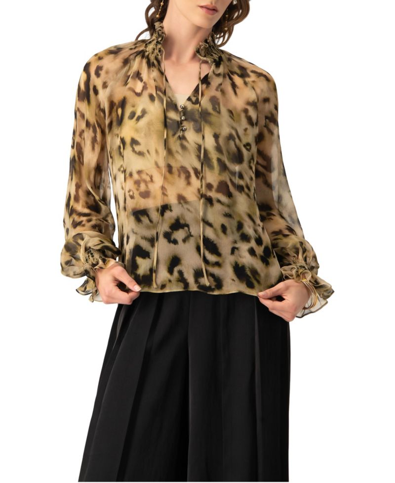 Women's Sheer Chiffon Tie-Neck Blouse in Abstract Animal Print
