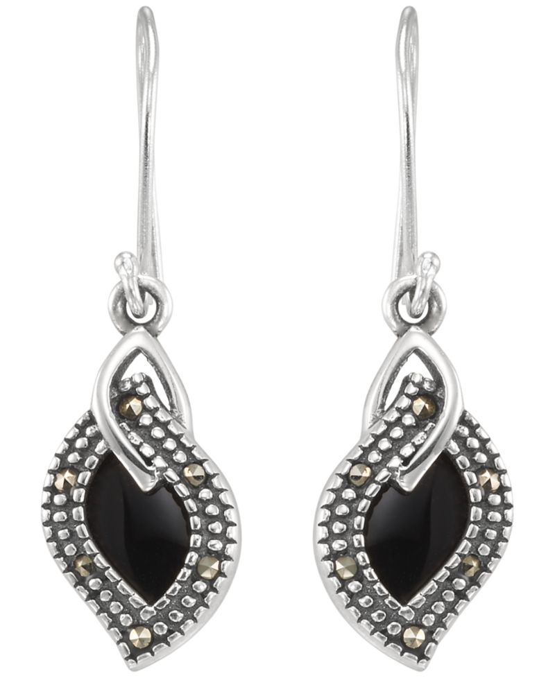 Marcasite (0.08 ct. t.w.) and Onyx (1-1/4 ct. t.w.) Dangle Earrings in Sterling Silver