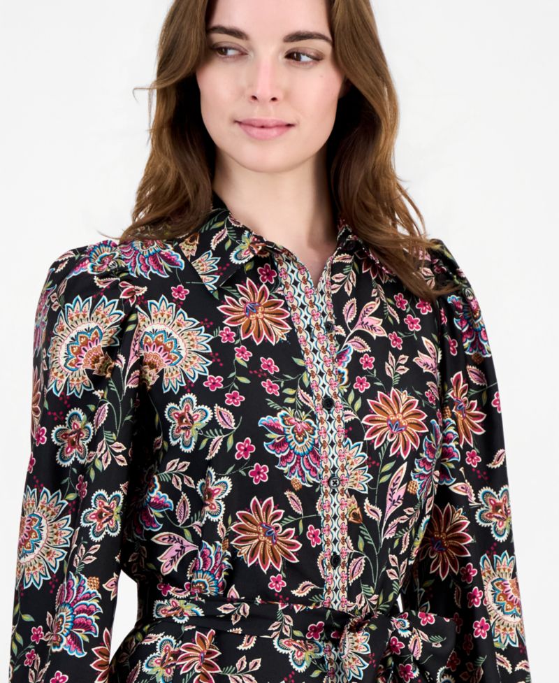 Women's Floral-Print Tiered Long-Sleeve Shirt Dress